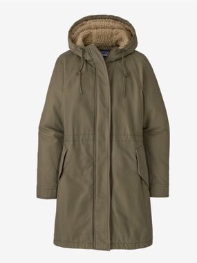 Patagonia XL Olive Green Parka Prairie Dawn Insulated Jacket Coat Sherpa Hood